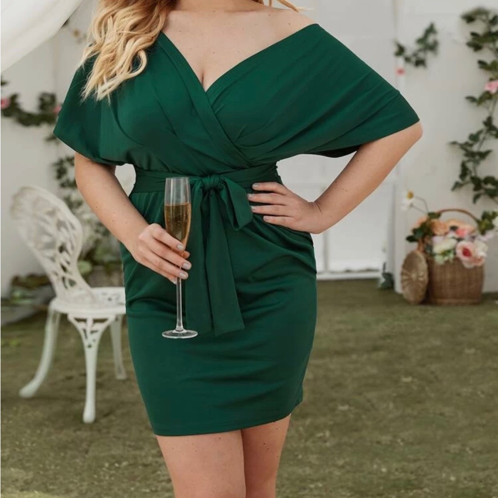 Plus Solid Surplice Neck Belted Dress